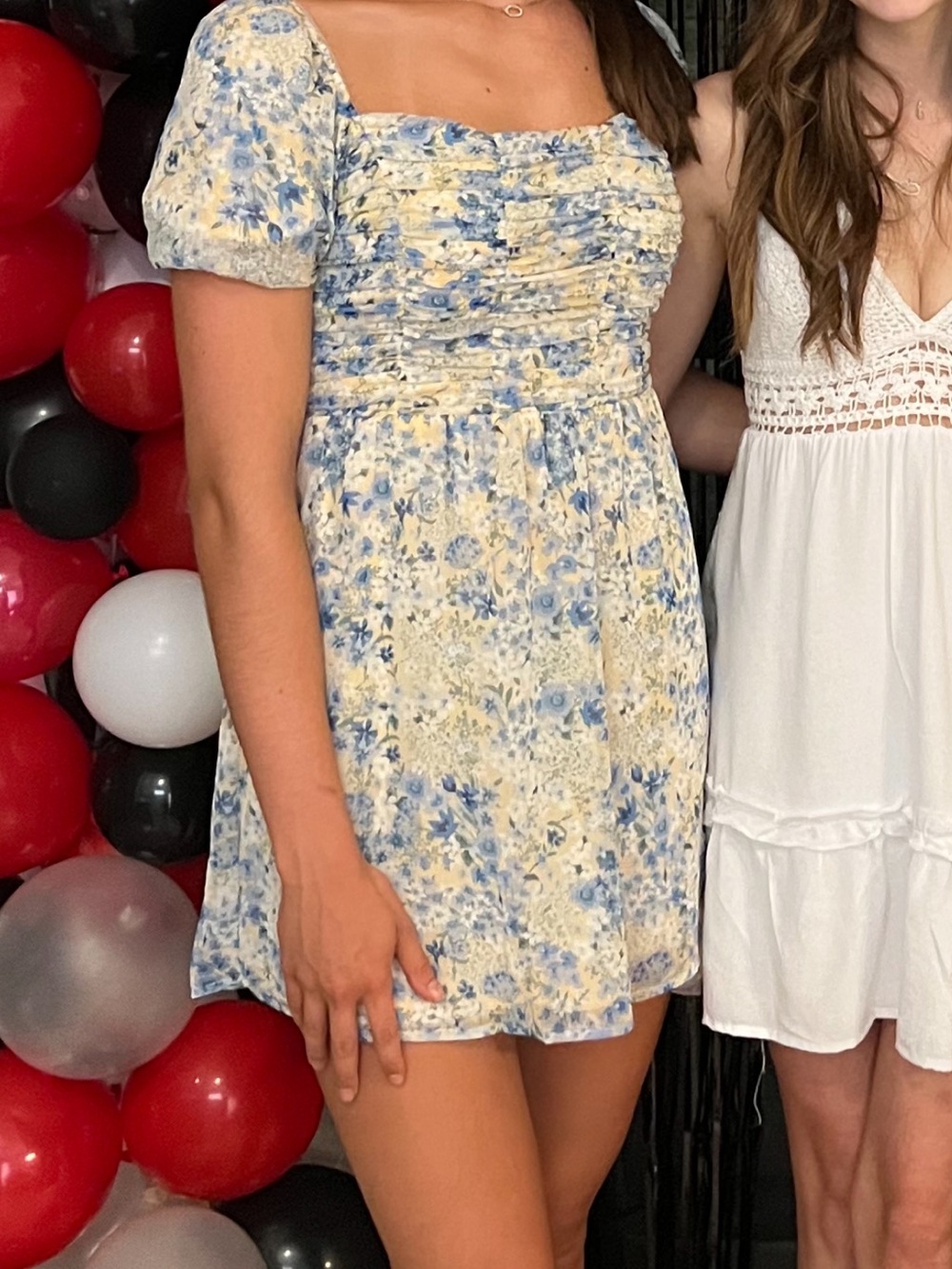 Crystal Doll Blue and Cream Floral Ruched Mini Dress